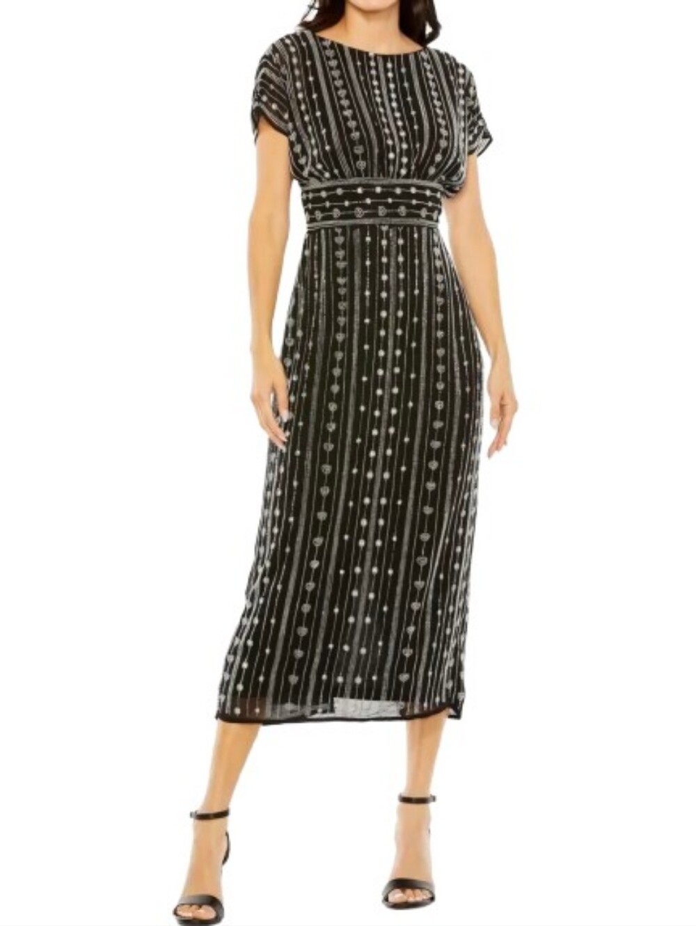 MAC DUGGAL Beaded Cap Sleeve Empire Waist Midi Sheath Dress